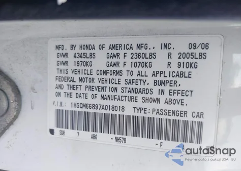 2007 Honda Accord 3.0 Ex from USA, damaged, VIN 1HGCM66897A018018